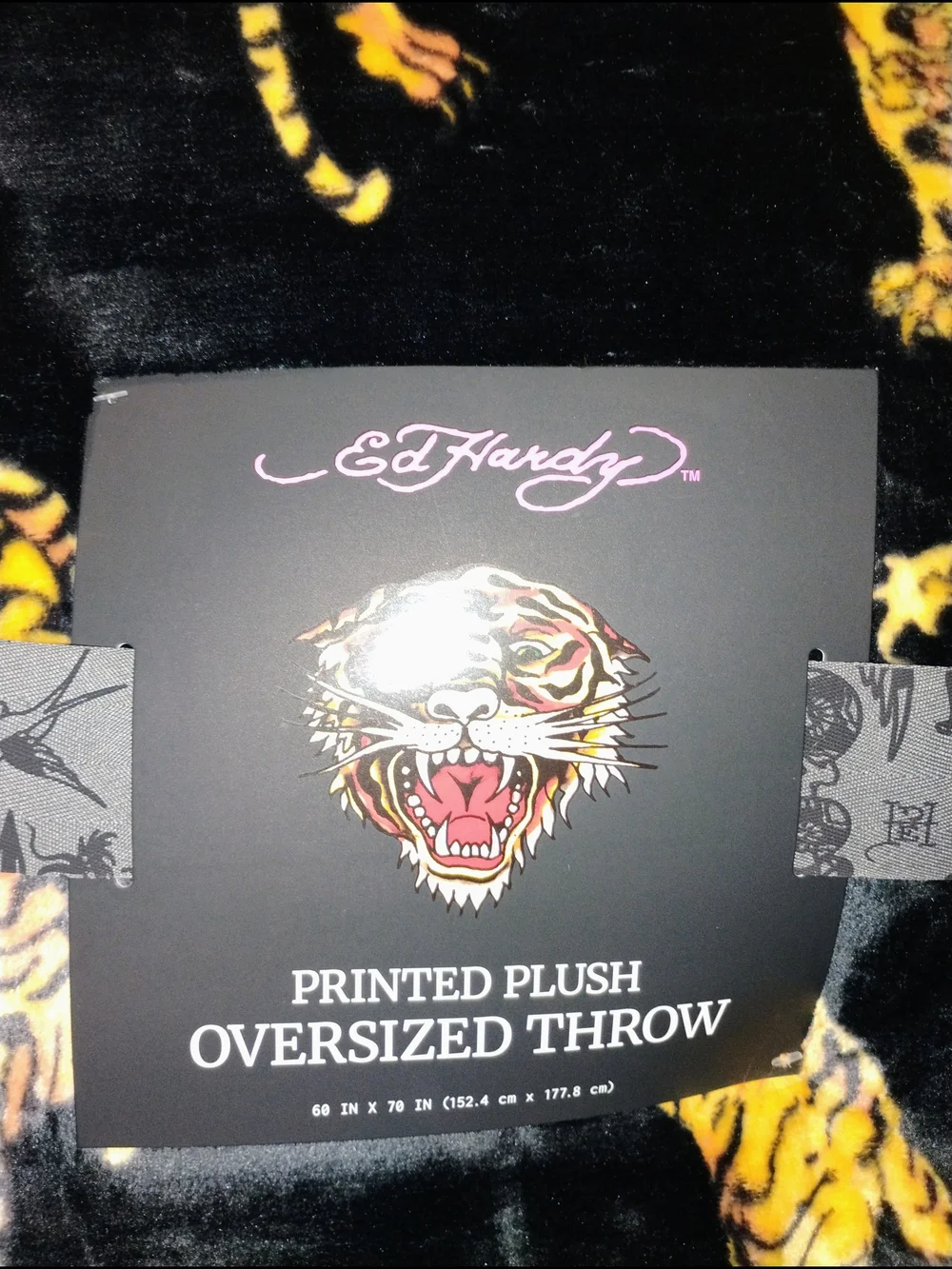 Ed Hardy Black Plush Throw with Yellow and Orange Tiger Print 60/70